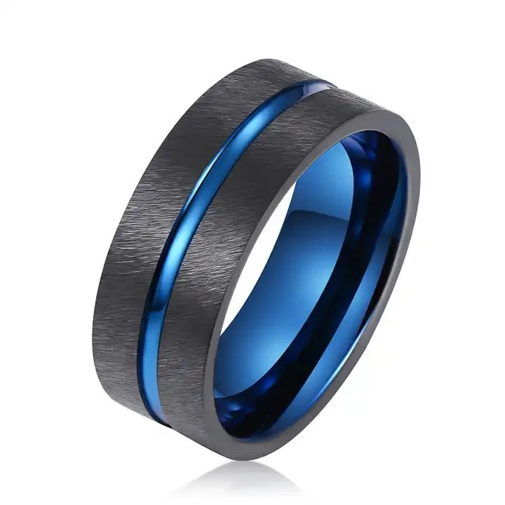 Men Black Tungsten Carbide Ring Blue Line 8mm