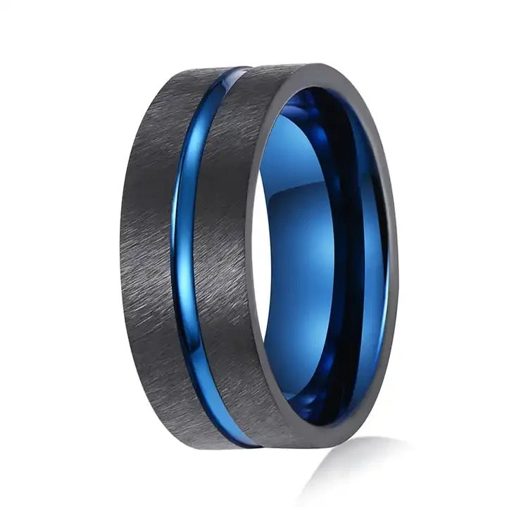 Men Black Tungsten Carbide Ring Blue Line 8mm
