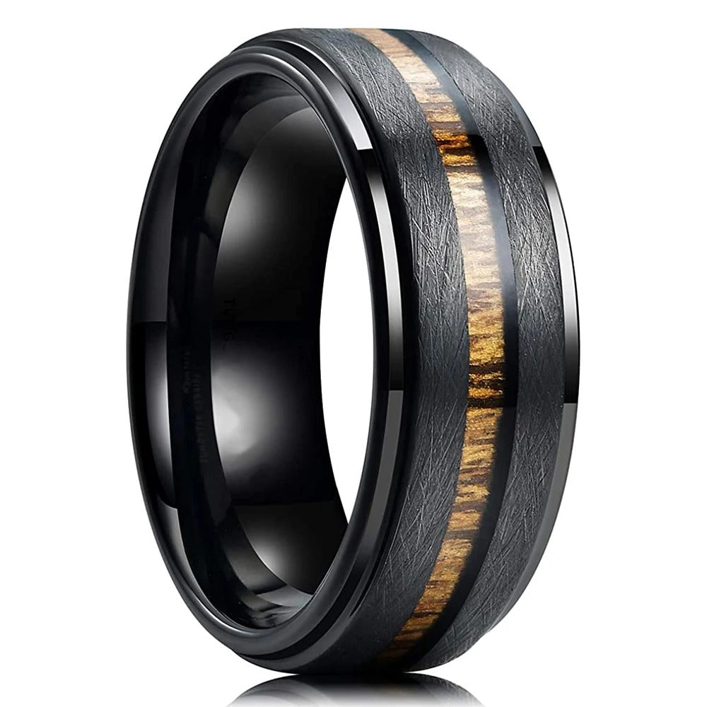 Black Tungsten Ring - inlay features authentic Hawaiian Koa wood