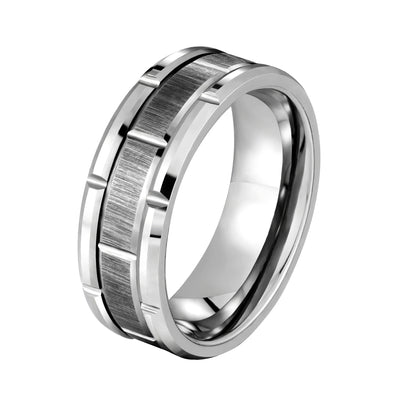 Tungsten Gray/ Silver Color 8 mm Comfort Fit Beveled Brick Pattern Wedding Band