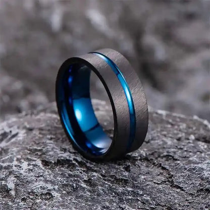 Men Black Tungsten Carbide Ring Blue Line 8mm