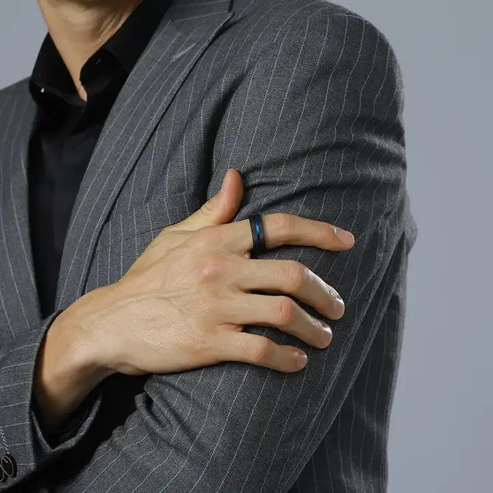 Men Black Tungsten Carbide Ring Blue Line 8mm