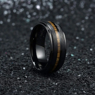 Black Tungsten Ring - inlay features authentic Hawaiian Koa wood