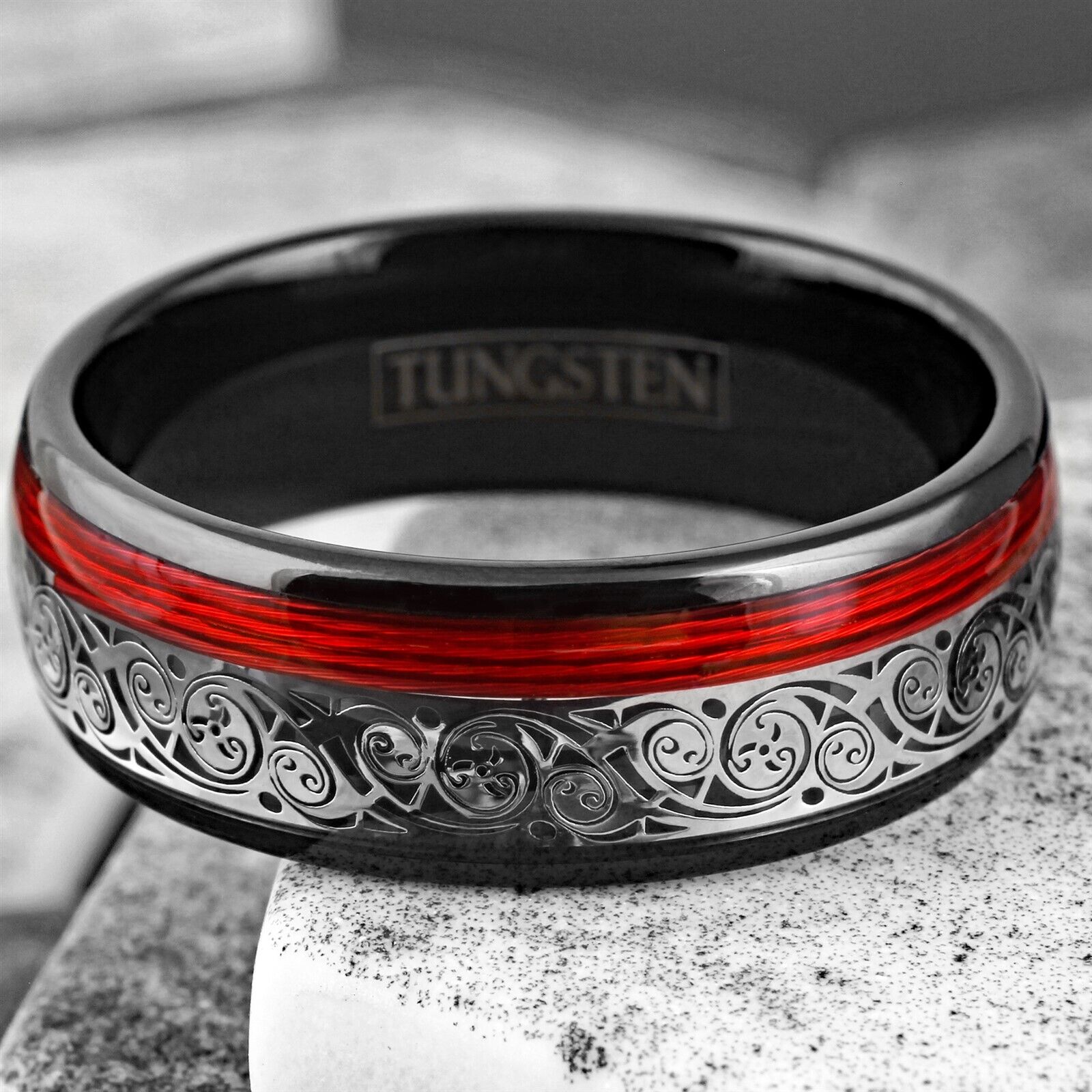 Black Men's Tungsten Carbide Clockwork Gears & Red guitar strings Wedd ...