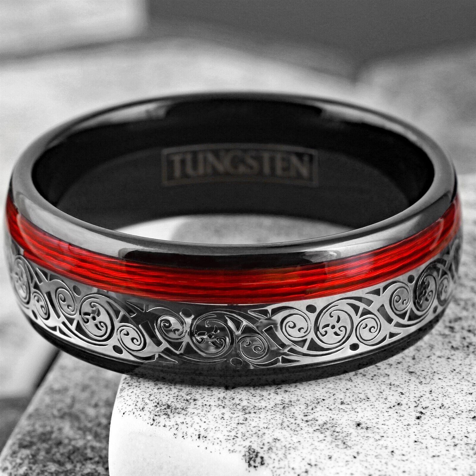Black Men's Tungsten Carbide Clockwork Gears & Red guitar strings Wedding Band Ring
