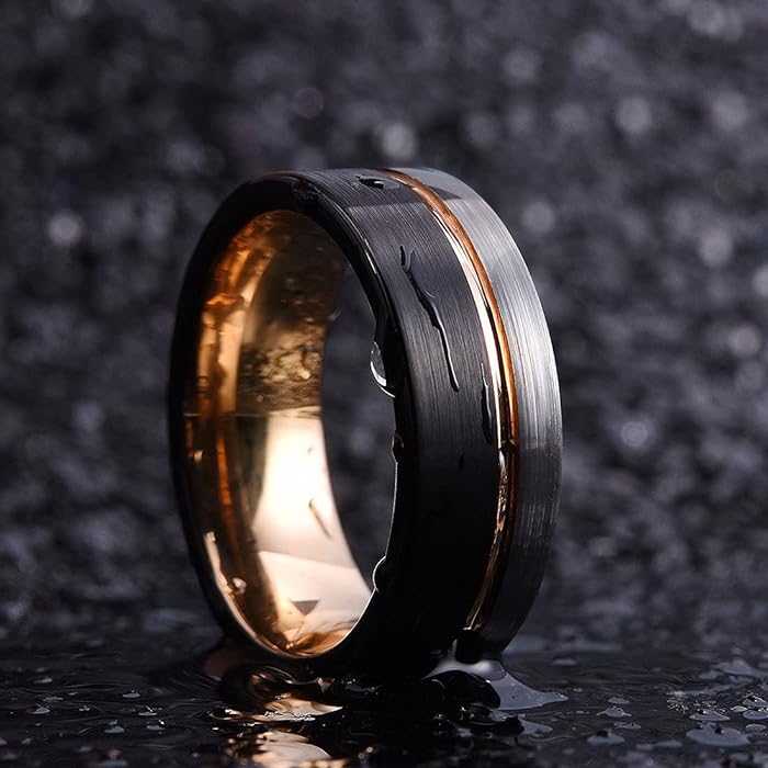 8mm Black Tungsten Ring for Men Rose Gold Blue Thin Groove Line Dome Brushed Wedding Band Comfort